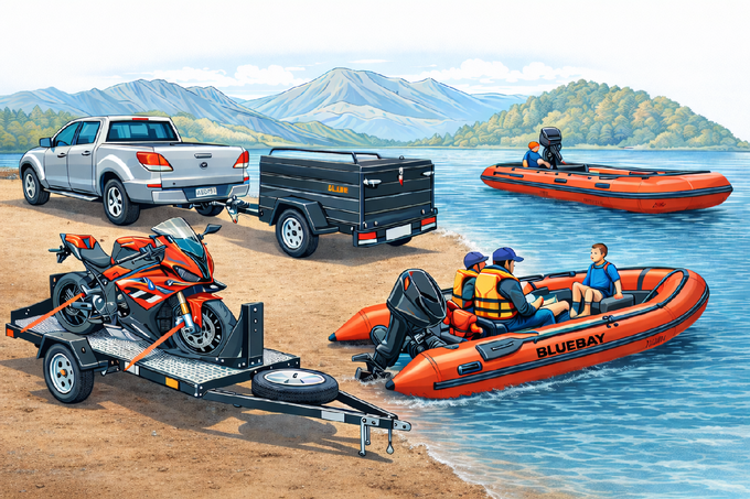 botes tipo zodiac, carros de arrastre