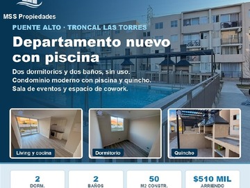 Departamento en arriendo mensual en cardenal oviedo con av troncal las torres, Puente Alto - 2 dormitorios, 2 baños