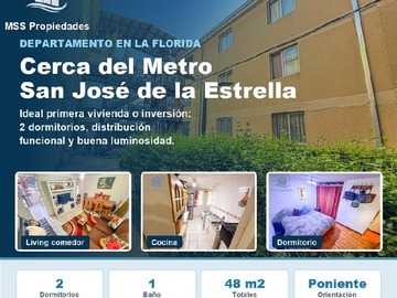Departamento en venta en Metro san jose de la Estrella, La Florida - 2 dormitorios, 1 baño