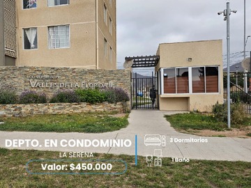 Departamento en arriendo mensual en Sector la florida, condominio valles de la florida ii, La Serena - 3 dormitorios, 1 baño