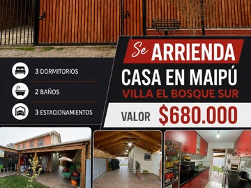 Casa en arriendo mensual en Casa 3D+2B en Arriendo | Ciudad Satélite (178521), Maipú - 3 dormitorios, 2 baños