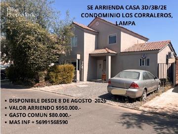 Casa en arriendo mensual en Se arrienda casa condominio los corraleros, Lampa - 3 dormitorios, 3 baños