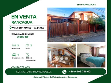 Casa en venta en villa don mateo rancagua, Rancagua - 2 dormitorios, 2 baños