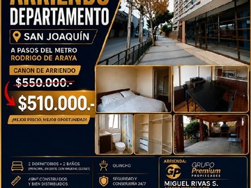 Departamento en arriendo mensual en Metro Rodrigo De Araya, San Joaquín - 2 dormitorios, 2 baños