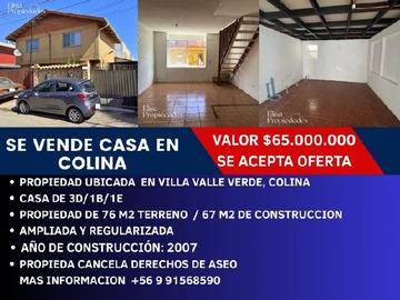 Casa en venta en Se vende casa colina , se acepta subsidio y se acepta oferta, Colina - 3 dormitorios