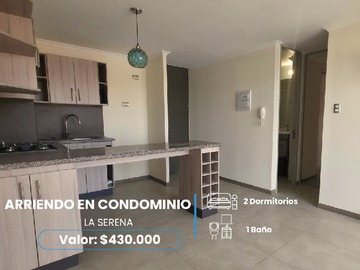 Departamento en arriendo mensual en Sector puertas del mar, condominio jardines del pacifico ii, La Serena - 2 dormitorios, 1 baño