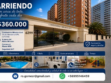 Departamento en arriendo mensual en Departamento en Condominio Mirador Azul - 2 dormitorios, 1 baño