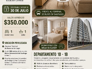 Departamento en arriendo mensual en Departamento Seminuevo 1D 1B Cerca del Metro Usach - 1 dormitorio, 1 baño