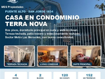 Casa en venta en Metro Las Mercedes, conjunto habitacional cerrado Terra Nova, Puente Alto, Puente Alto - 4 dormitorios, 3 baños