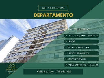 Departamento en arriendo mensual en Arrienda g&d hidalgo propiedades, Viña del Mar - 1 dormitorio, 1 baño