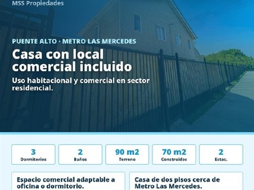 Casa en arriendo mensual en Metro las mercedes, Puente Alto - 3 dormitorios, 2 baños