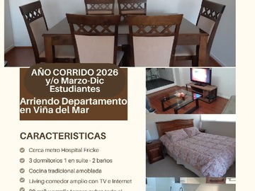 Departamento en arriendo mensual en Arriendo Depto 3D-2B Hosp Fricke Viña del Mar 2026 630.00 - 3 dormitorios, 2 baños