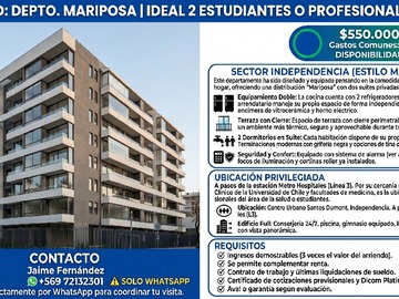 Departamento en arriendo mensual en Doctor Carlos Lorca Tobar, Independencia - 2 dormitorios, 2 baños