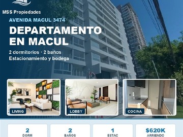 Departamento en arriendo mensual en Departamento Avenida Macul 3474, Macul - 2 dormitorios, 2 baños