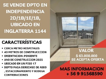 Departamento en venta en Se vende depto 2b-1b-1e-1b, independencia, subsidio ds1 t2, Independencia - 2 dormitorios, 1 baño