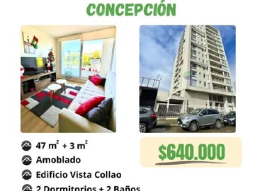 Departamento en arriendo mensual en Departamento arriendo, vista collao, amoblado, 2 d + 2b, Concepción - 2 dormitorios, 2 baños
