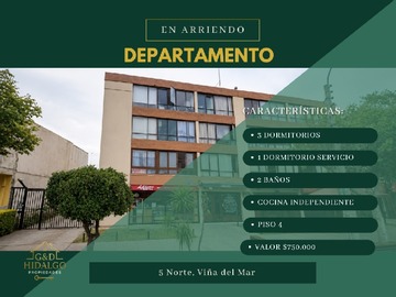 Departamento en arriendo mensual en Arrienda hidalgo propiedades, Viña del Mar - 4 dormitorios, 2 baños