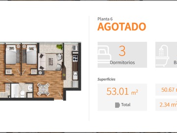 Departamento en venta en Fermín Vivaceta / El Molino, Independencia - 3 dormitorios, 2 baños
