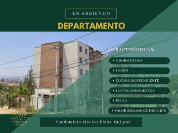Departamento en arriendo mensual en Arrienda hidalgo propiedades, Quilpué - 3 dormitorios, 1 baño