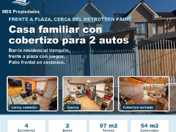 Casa en venta en Metrotren paine, villa jardin de las americas, Paine - 4 dormitorios, 2 baños
