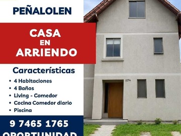Casa en arriendo mensual en Amplia casa en Arriendo Disponible desde Octubre (181525), Peñalolén - 4 dormitorios, 4 baños