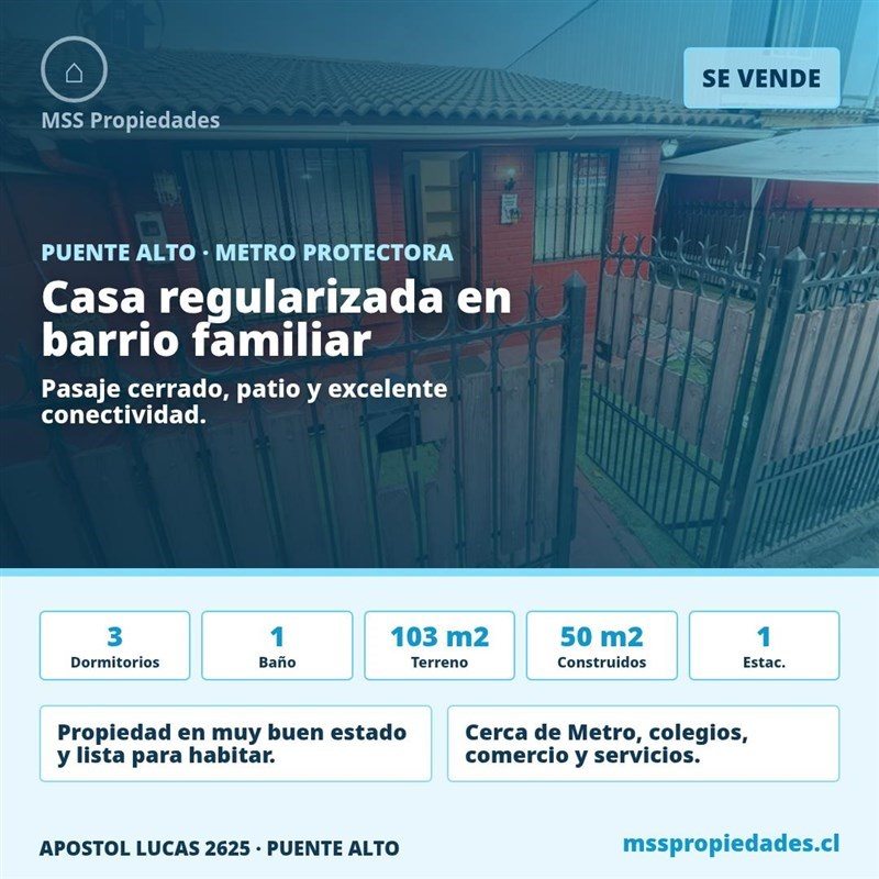 Casa en Venta en Puente Alto, Metro protectora de la infancia