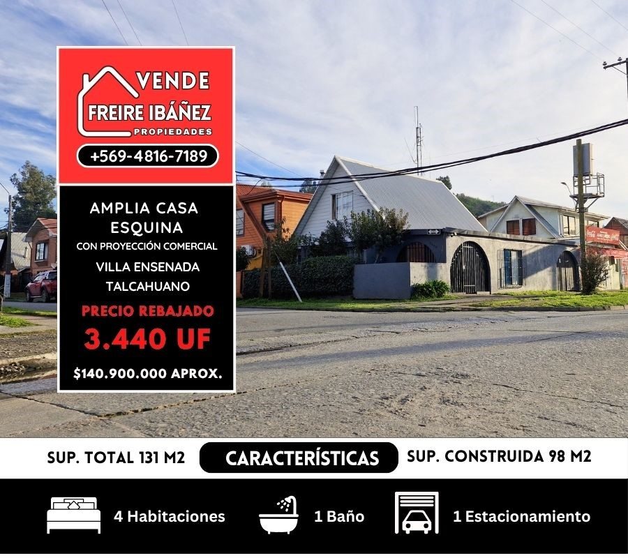 Casa en Venta en Talcahuano, Casa esquina individual 4d/1b con proyección comercial