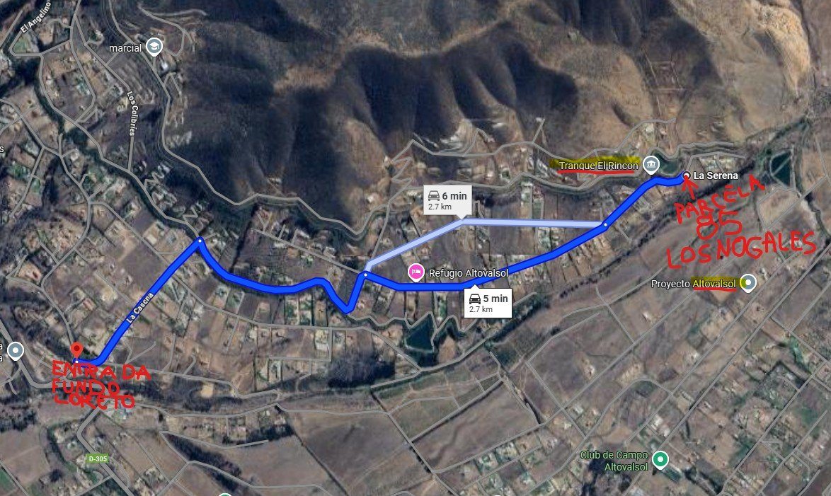 Mapa para llegar de la Casona Patronal a la Parcela 85 Los Nogales